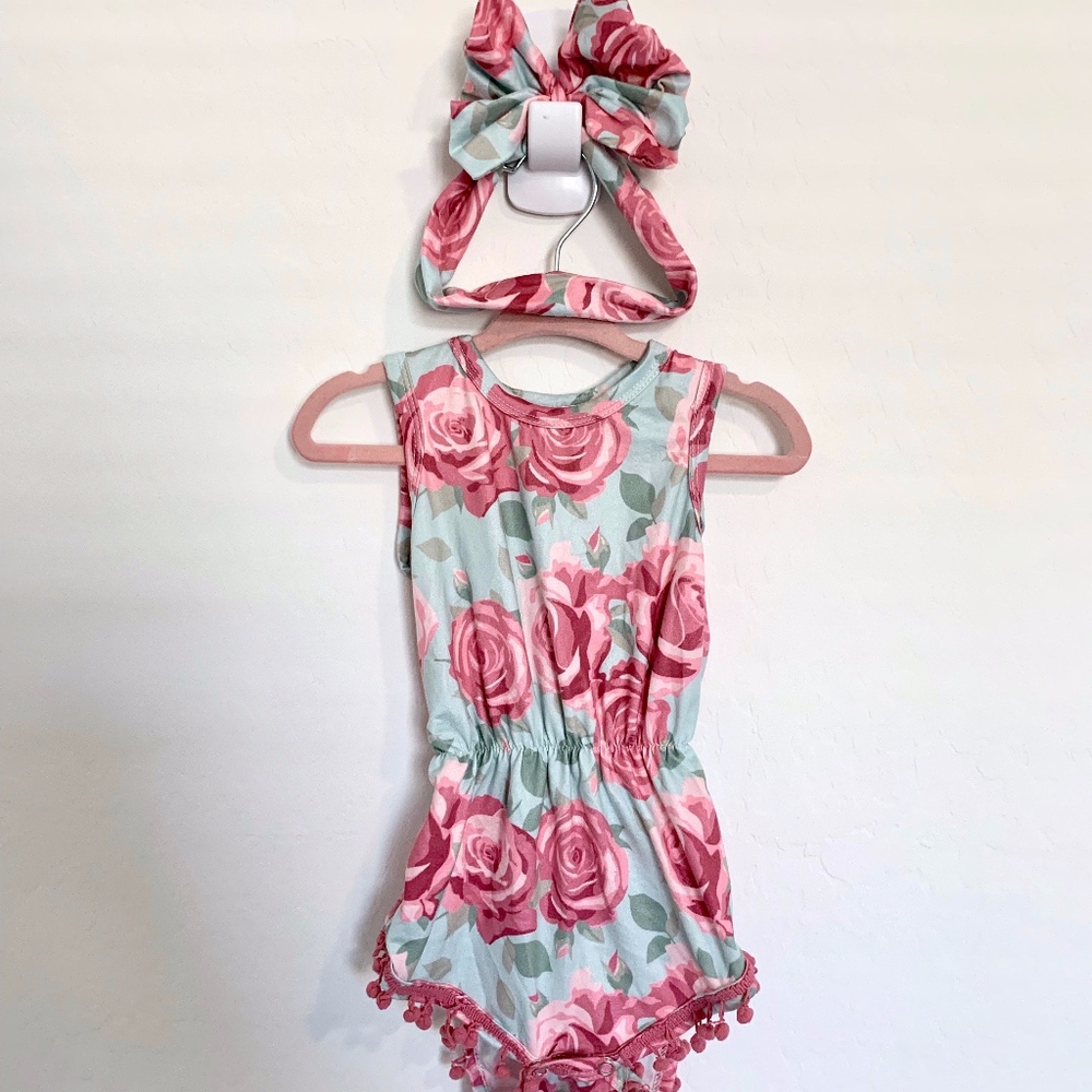 Bailey's Blossoms Floral Pom Pom Romper w Headwrap